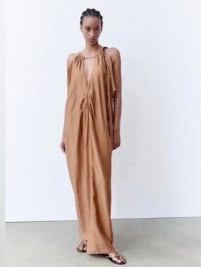 ZARA Kaftan Beaded Neckline Maxi Dress In Light Camel Brown. Size M. SW